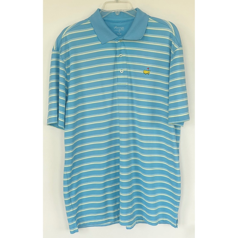 Masters Tech Golf Polo Shirt Men L Blue White Green Striped Performance L
